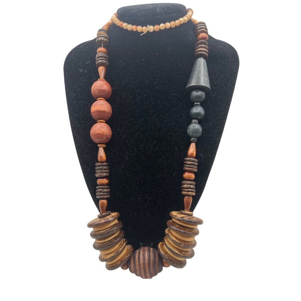 Chunky 27" Boho Wood Coconut Shell Statement Necklace Tribal Throw Over Festival - Picture 9 of 9